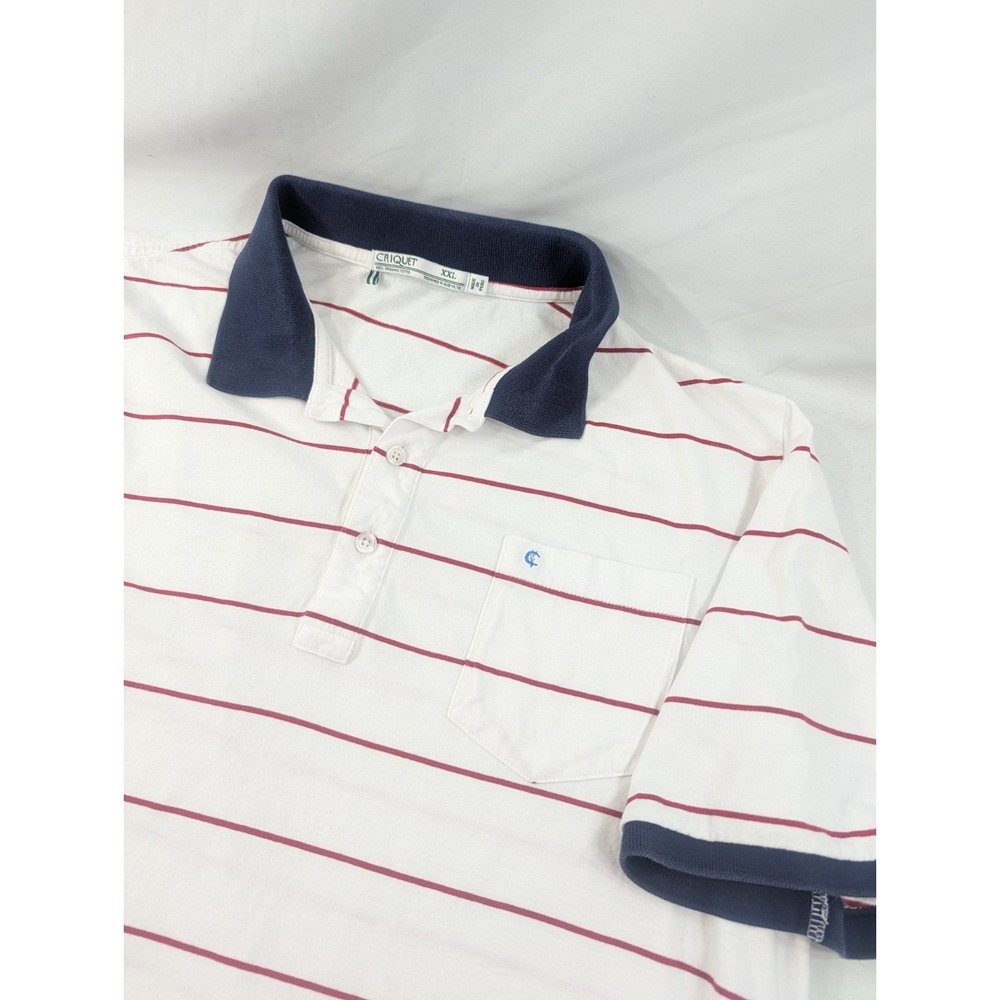 Criquet Players Polo Shirt Men Sz XXL White Red Striped Org Cotton Pocket Logo